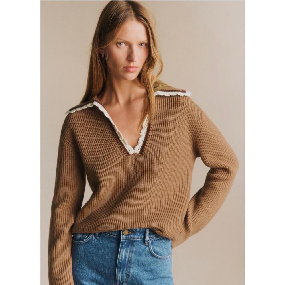 La Maille Sezane Ivane Sweater in Camel with Ecru Details Size S✨ - Picture 3 of 10